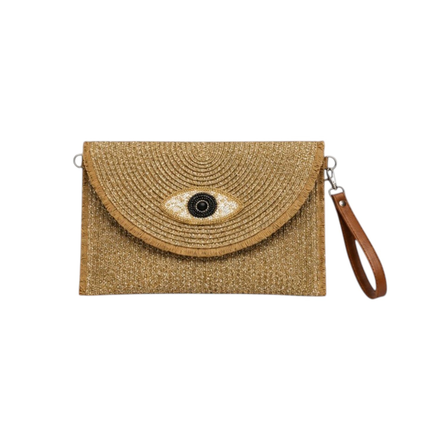 Ψάθινο clutch bags με evil eye σχέδιο σε  χρυσό χρώμα σε λευκό φόντο – So Cute by Dimi