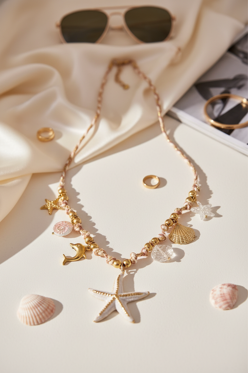 Κολιέ αστερίας με χρυσά charms σε minimal flatlay σκηνικό