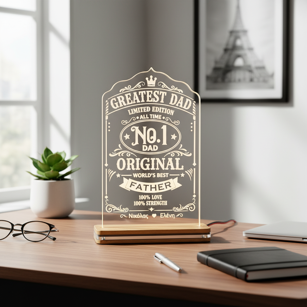 LED φωτιστικό Greatest Dad Limited Edition από διάφανο plexiglass με χάραξη laser και δυνατότητα προσωποποίησης από τη So Cute By Dimi.