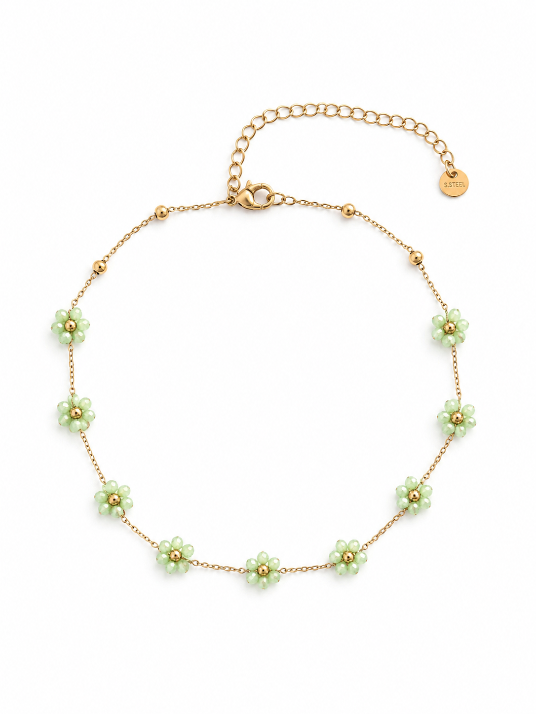 Καλοκαιρινό ατσάλινο choker με πράσινα λουλουδάκια από χάντρες, σε λευκό φόντο, so cute by dimi