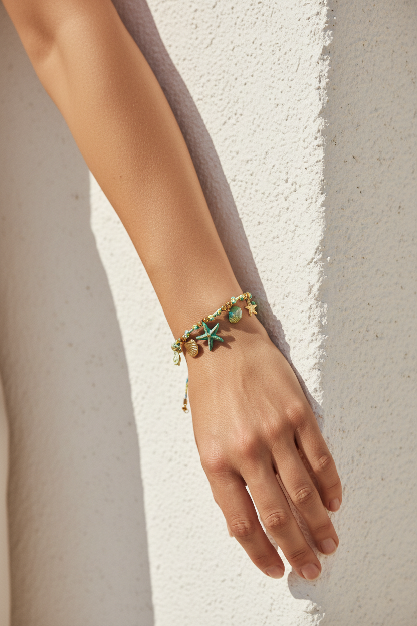 Hand wearing a bracelet with starfish charms on a textured white background, So Cute by DImi