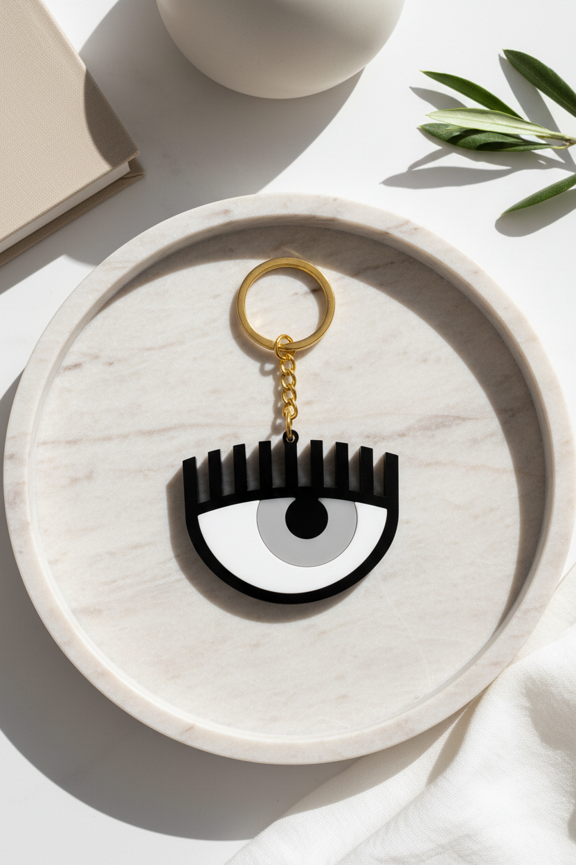 Black eye-shaped keychain with gold chain on a marble surface