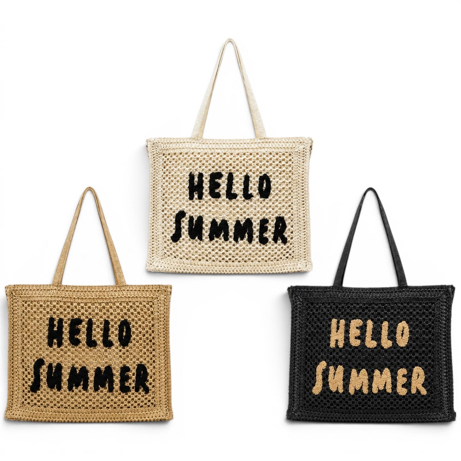 Hello Summer crochet ψάθινη tote bag σε μπεζ, camel και μαύρο χρώμα σε λευκό φόντο – So Cute by Dimi
