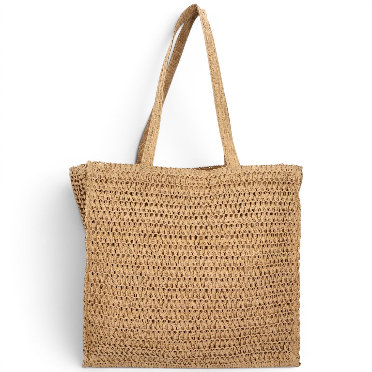 Hello Summer crochet ψάθινη tote bag πίσω όψη, σε camel  χρώμα σε λευκό φόντο – So Cute by Dimi
