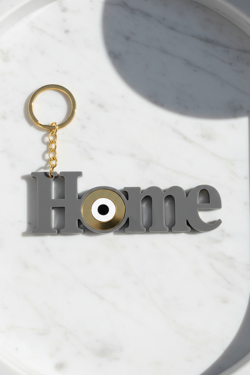 Χειροποίητο μπρελόκ HOME από γκρι plexiglass με μάτι σε χρυσό καθρέφτη – So Cute by Dimi