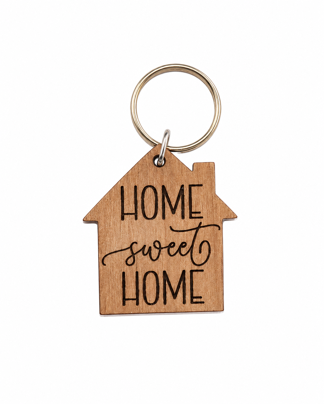 Ξύλινο μπρελόκ Home Sweet Home σε σχήμα σπιτιού από MDF σημύδας με χάραξη laser από τη So Cute By Dimi.