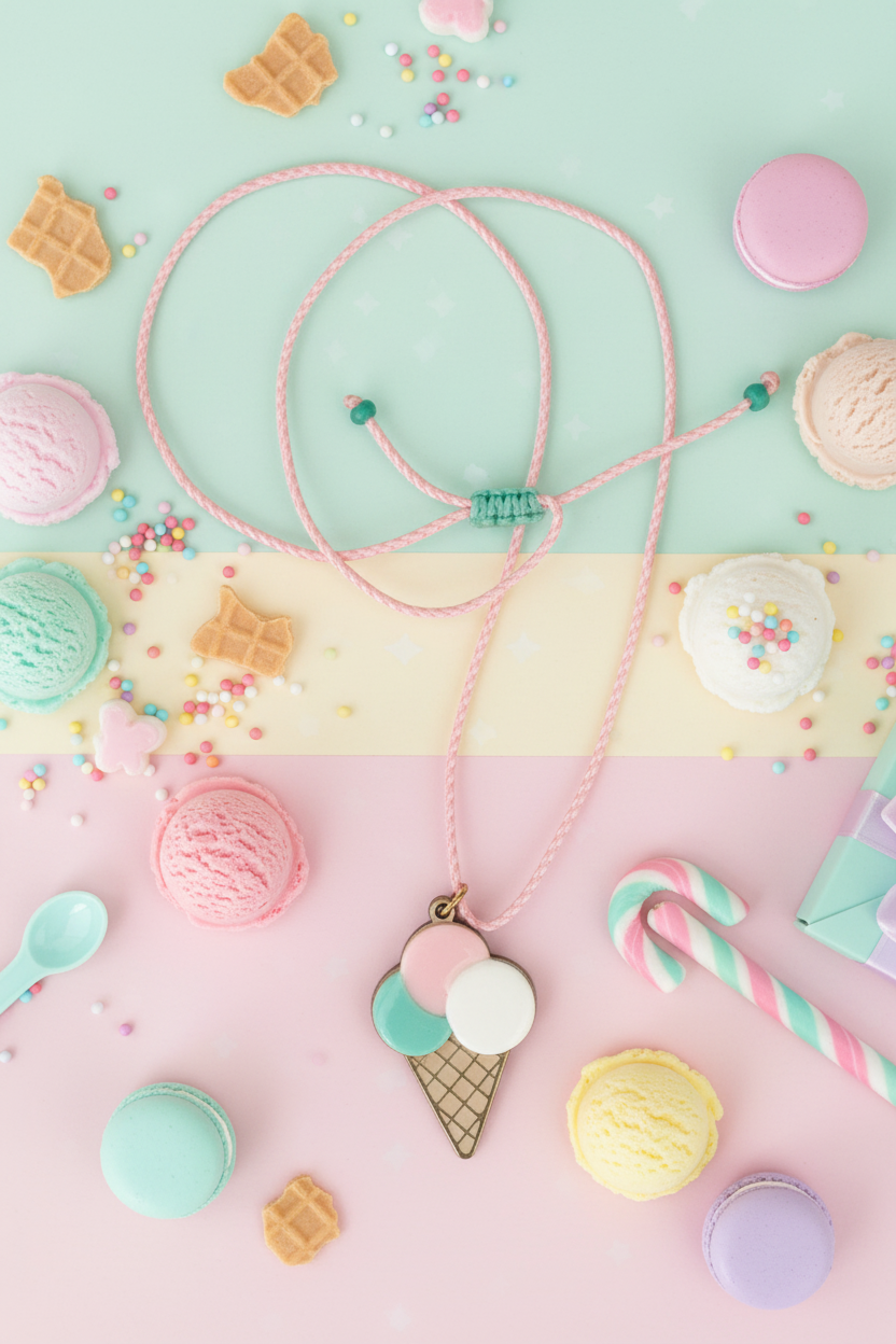 κολιέ παγωτό με pastel κορδόνι σε σκηνικό ζαχαροπλαστείου με καλοκαιρινά γλυκά