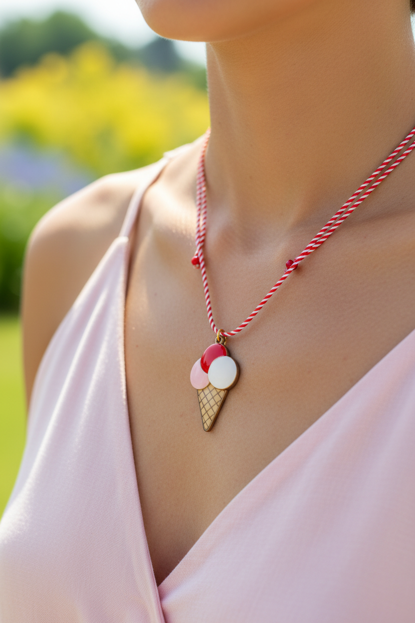 Necklace with ice cream cone pendant worn by a person in a blurred outdoor setting