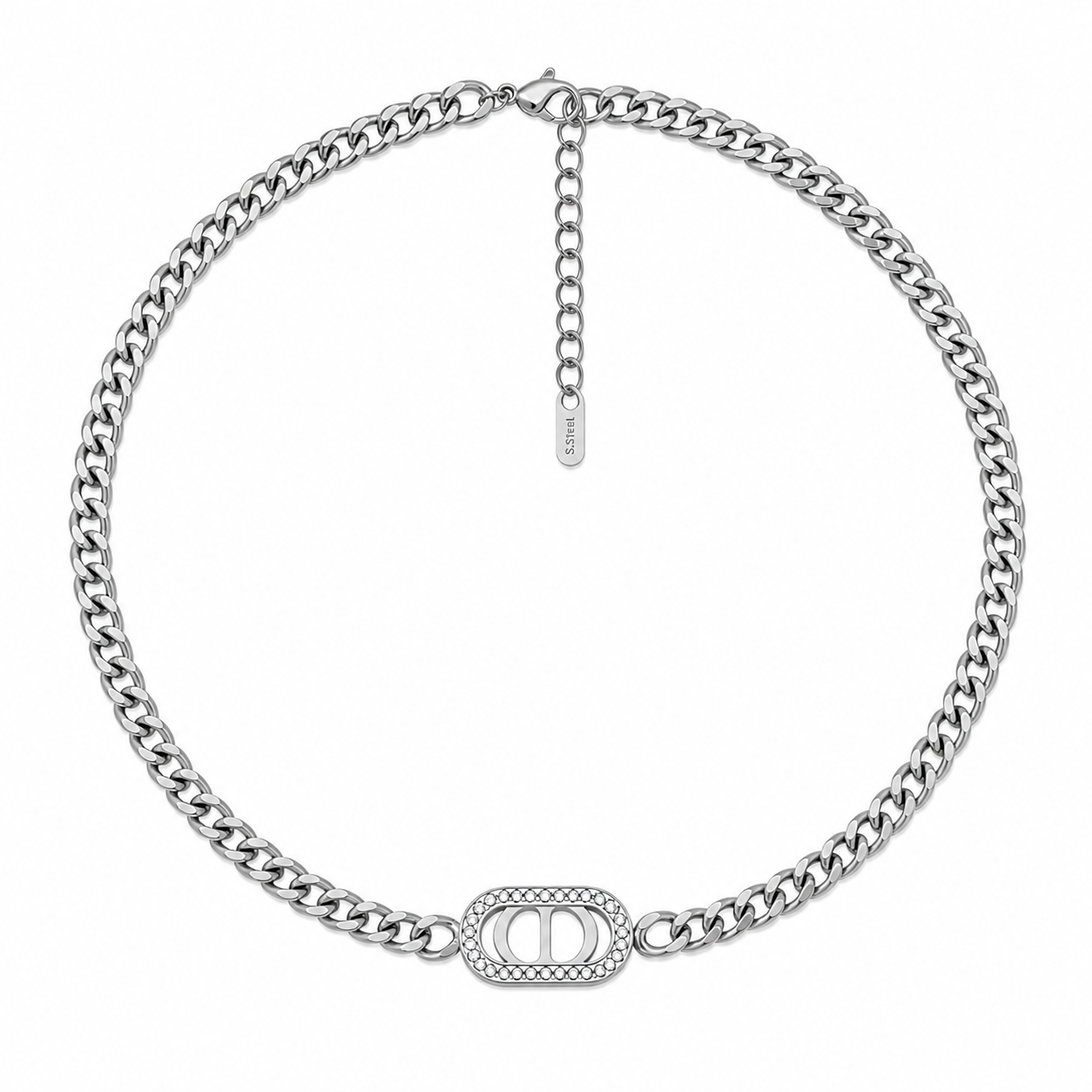 Ατσάλινο ασημί κολιέ αλυσίδα με Logo pendant με ζιργκόν, σε λευκό φόντο, so cute by dimi