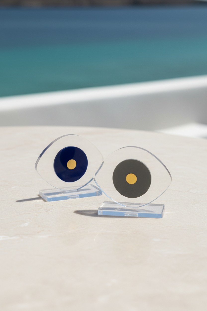 Small evil eye plexiglass decor set with gold detail in Mykonos style background – So Cute by Dimi