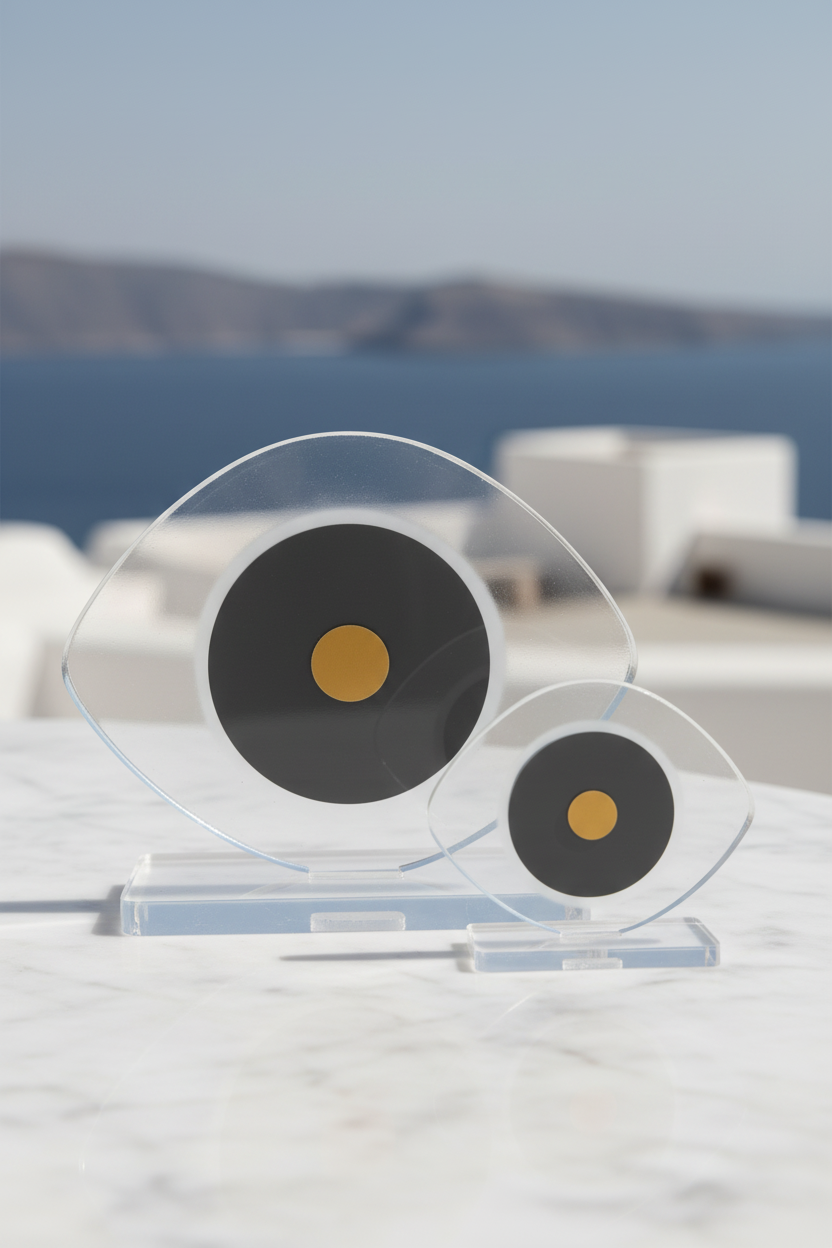 Grey evil eye plexiglass decor large and small size with gold detail in minimal Greek setting – So Cute by Dimi