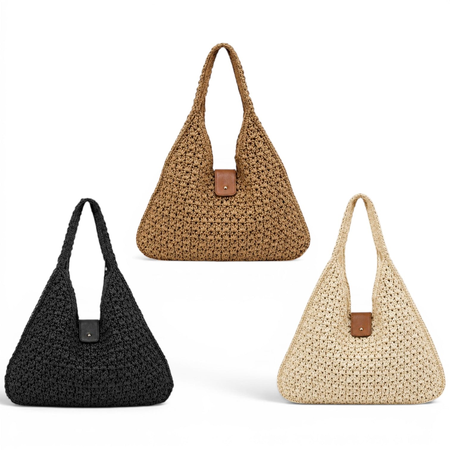 Oversized woven hobo bags σε μπεζ, φυσικό και μαύρο χρώμα σε λευκό φόντο – So Cute by Dimi