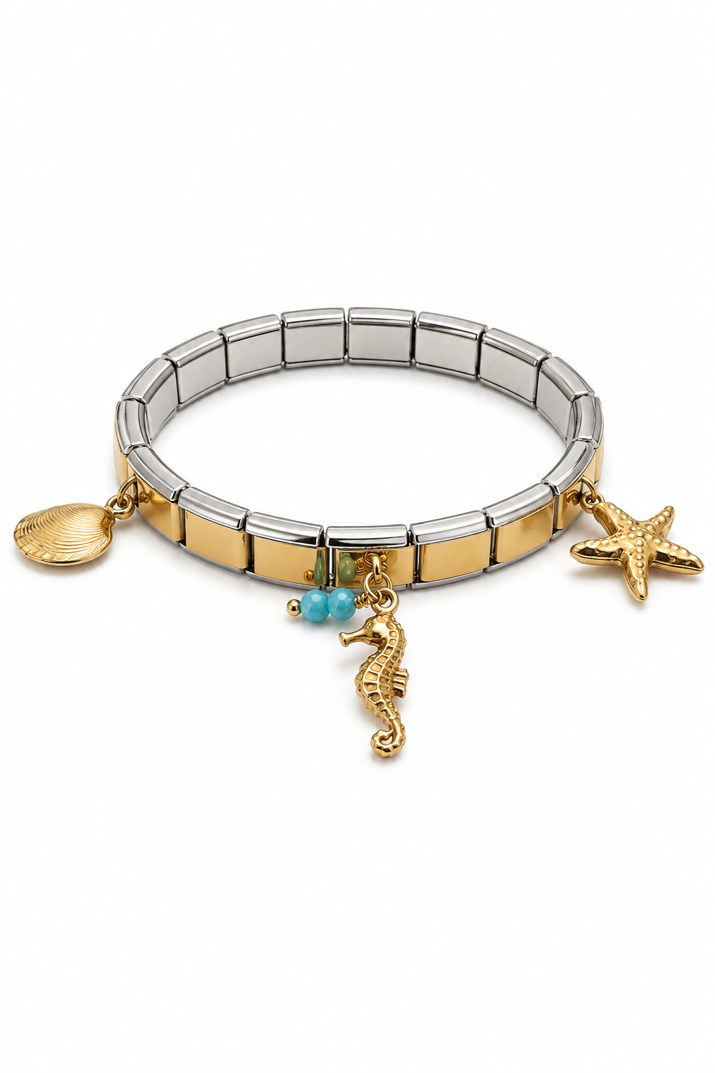 So Cute By Dimi Island Charms Bracelet με ελαστική ατσάλινη βάση, χρυσά θαλασσινά charms, αστερία, ιππόκαμπο, κοχύλι και τιρκουάζ λεπτομέρειες