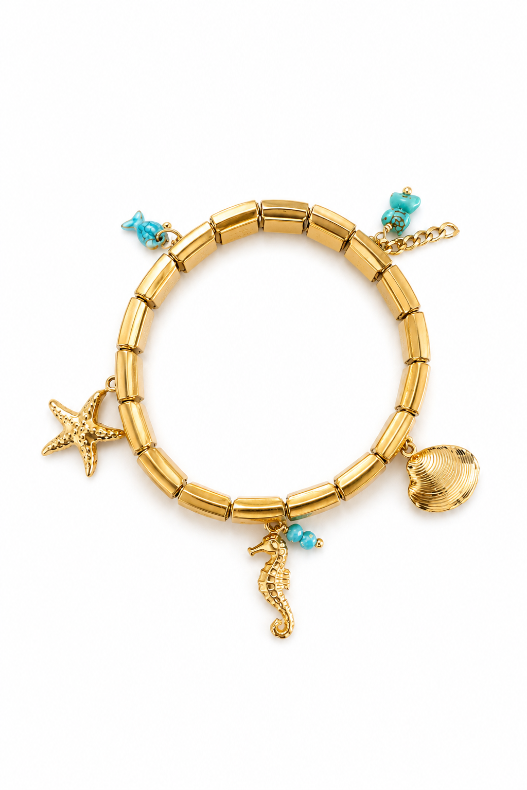 So Cute By Dimi Island Charms Bracelet με ελαστική ατσάλινη βάση, χρυσά θαλασσινά charms, αστερία, ιππόκαμπο, κοχύλι και τιρκουάζ λεπτομέρειες