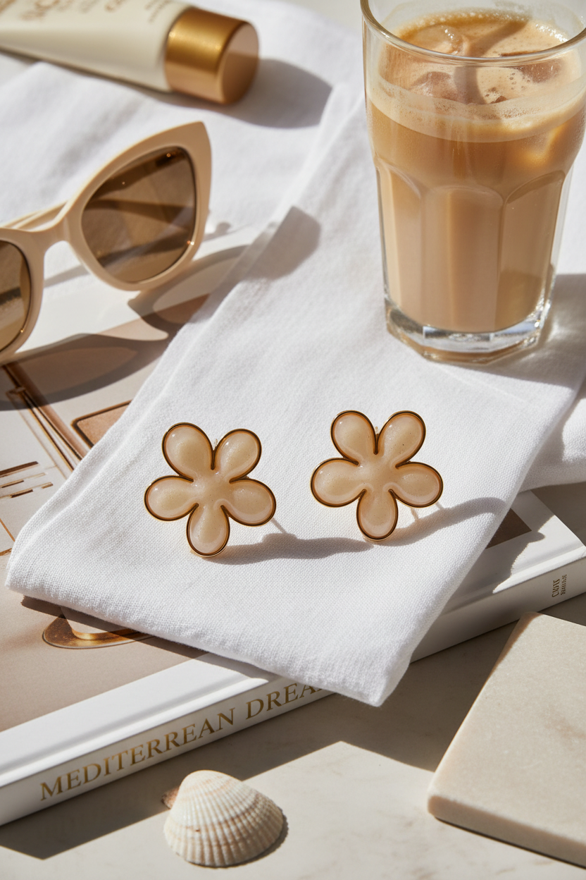 Flower-shaped earrings on a white cloth with a glass of iced coffee and sunglasses.
