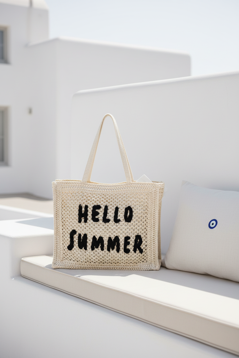 Hello Summer crochet ψάθινη tote bag σε μπεζ χρώμα σε λευκό φόντο – So Cute by Dimi