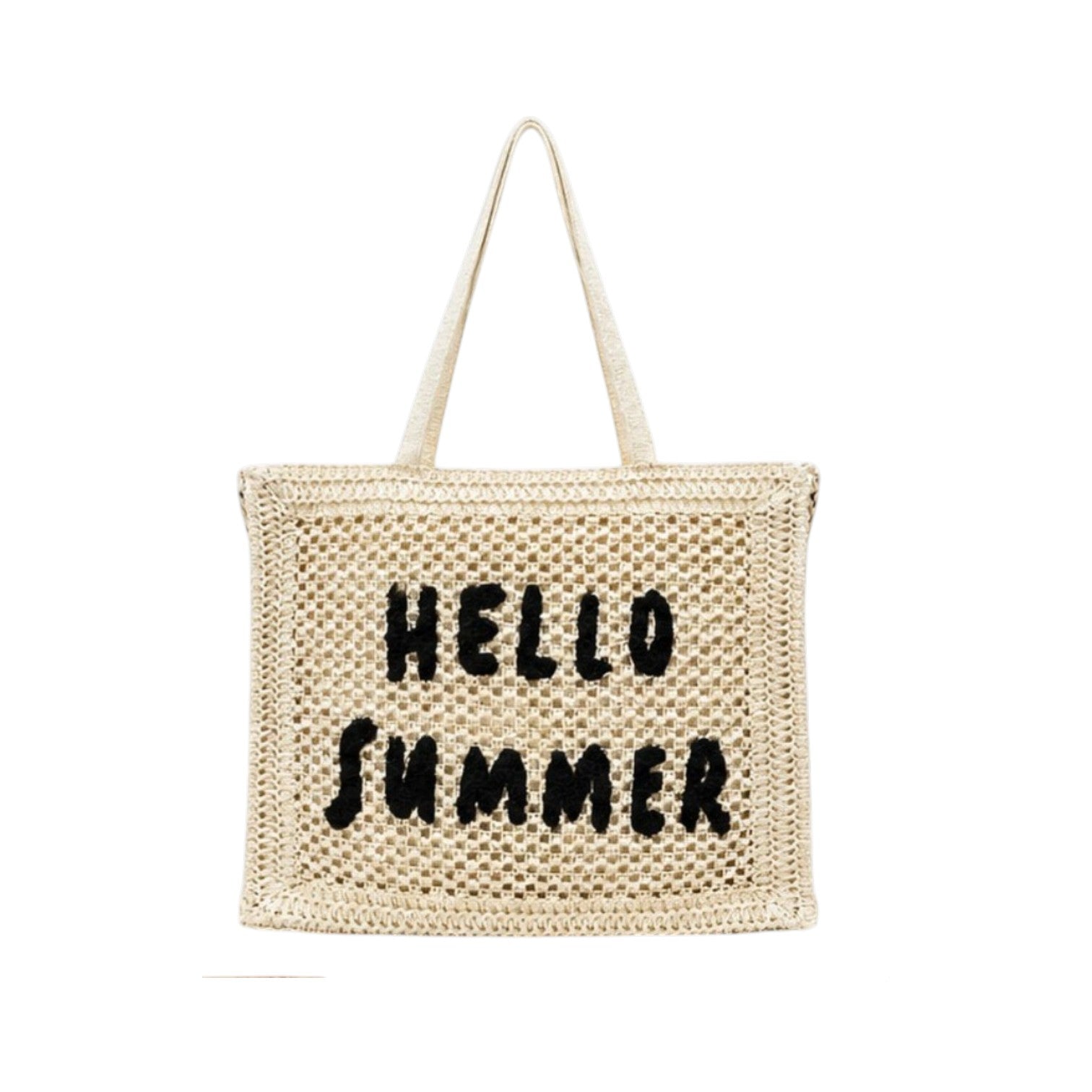 Hello Summer crochet ψάθινη tote bag σε μπεz χρώμα σε λευκό φόντο – So Cute by Dimi