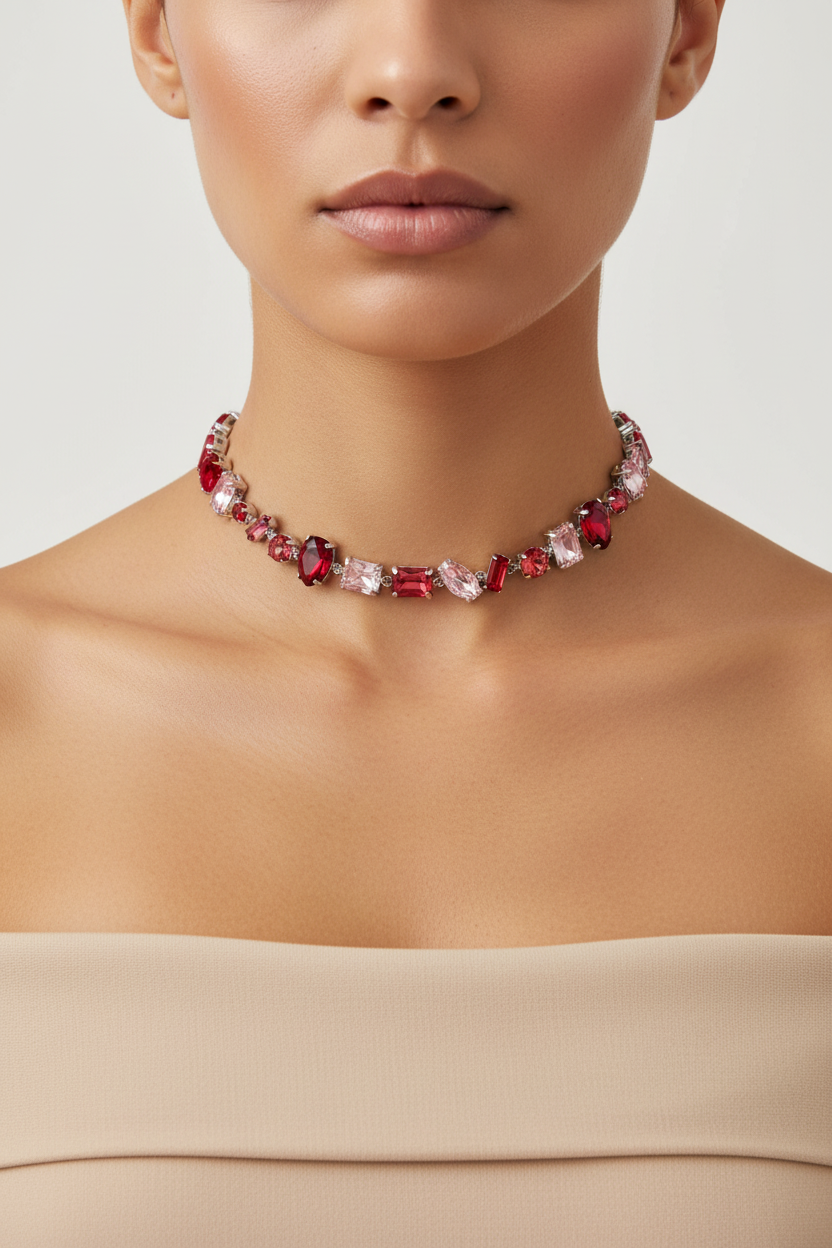 Ατσάλινο choker με κρύσταλλα velmira color choker statement necklace colorful φορεμένο σε μοντέλο, So Cute by DImi