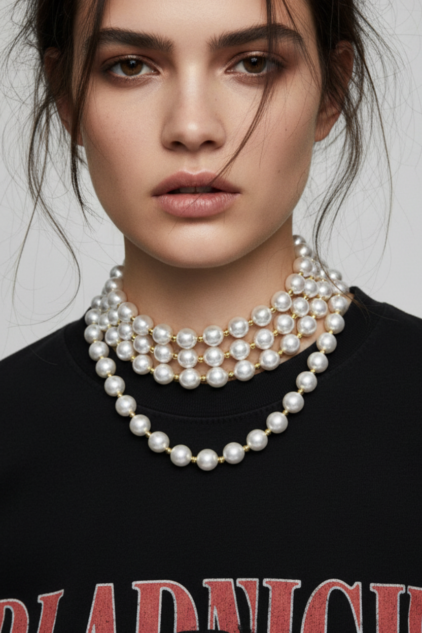 Woman wearing a multiple-layered pearl necklace against a neutral background