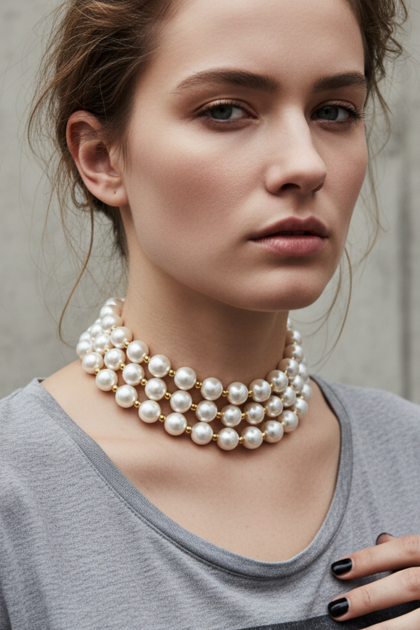 Woman wearing a pearl necklace against a neutral background