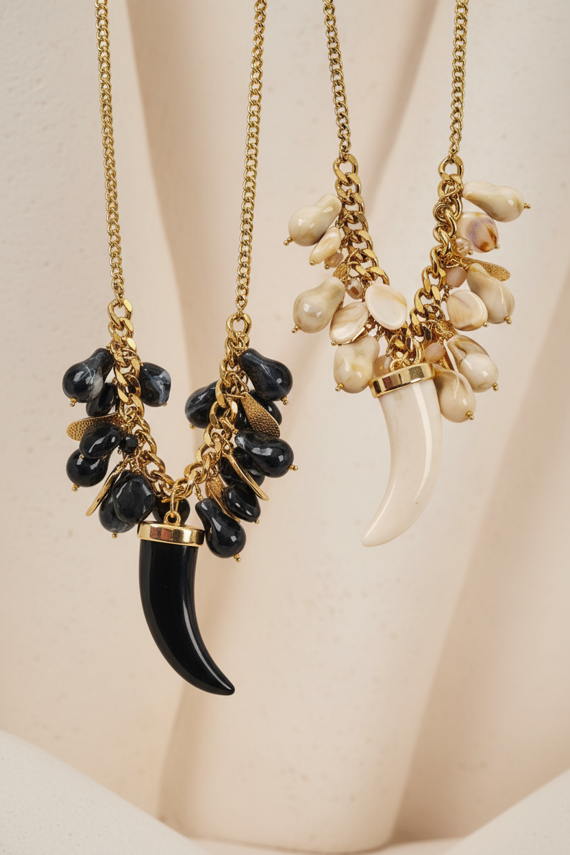 Statement κολιέ χρυσό με charms και κρεμαστό δόντΙ, stainless steel, φορεμένο σε μοντέλο, So Cute by DImi