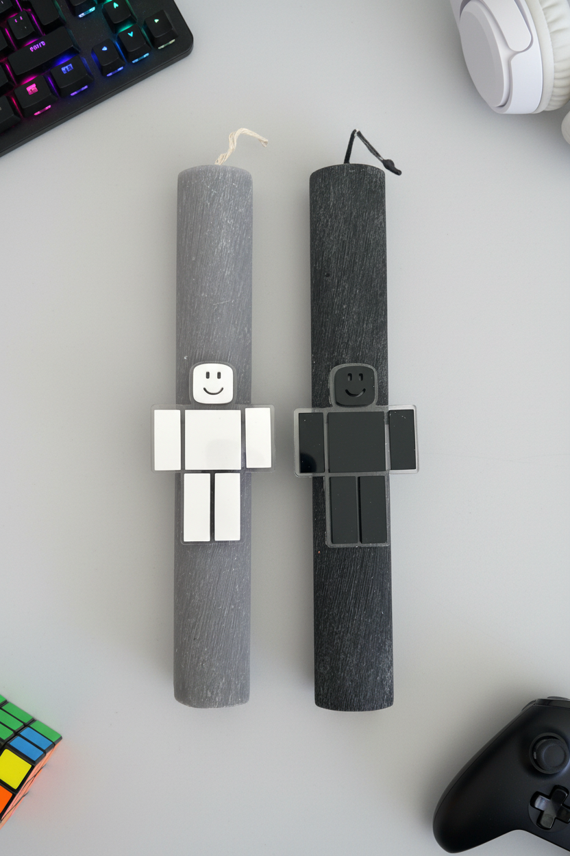 Λαμπάδες Πάσχα για αγόρι με φιγούρες τύπου Minecraft σε γκρι και μαύρο κερί – χειροποίητες παιδικές πασχαλινές λαμπάδες So Cute by Dimi