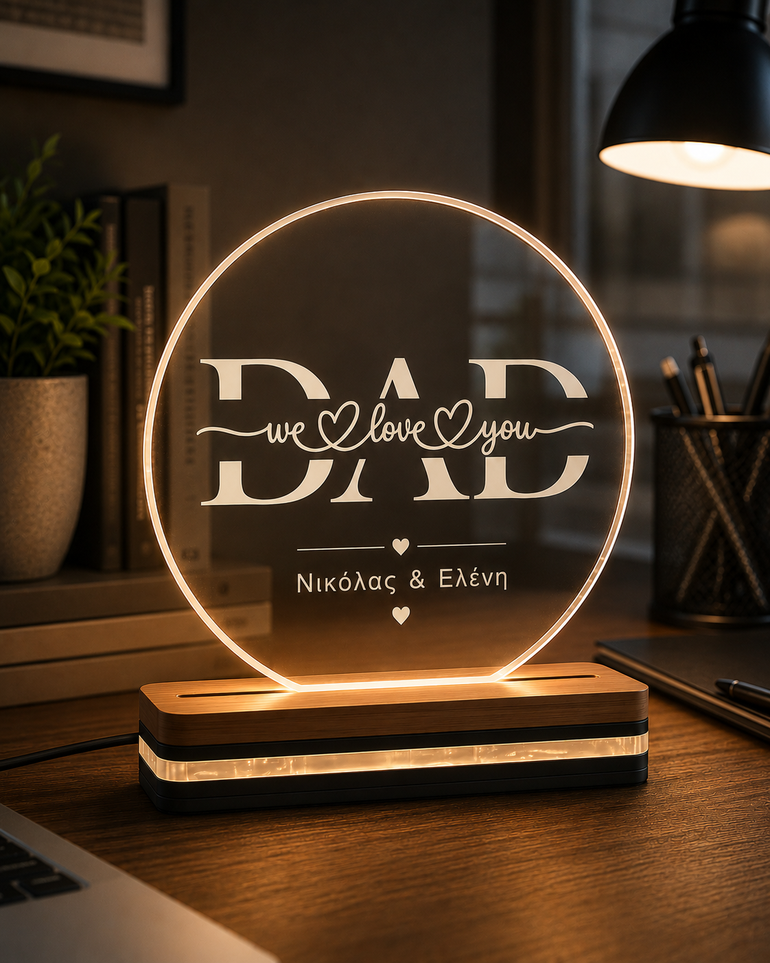 Προσωποποιημένο LED φωτιστικό DAD We Love You από διάφανο plexiglass με χάραξη laser και φωτισμό 7 χρωμάτων από τη So Cute By Dimi.