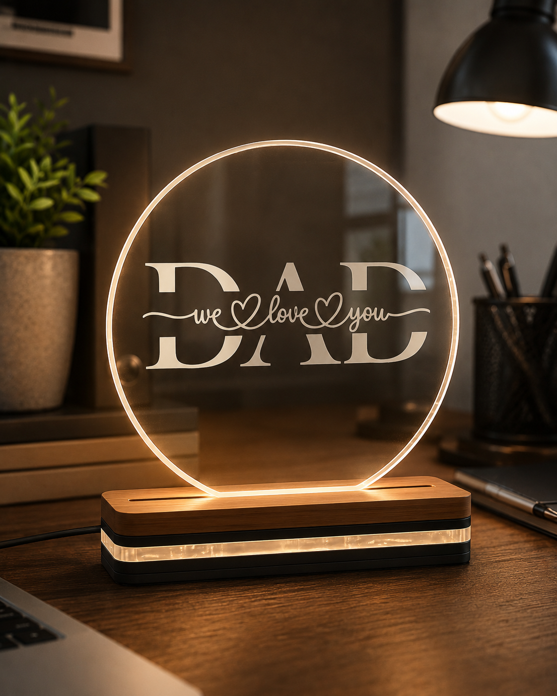 Προσωποποιημένο LED φωτιστικό DAD We Love You από διάφανο plexiglass με χάραξη laser και φωτισμό 7 χρωμάτων από τη So Cute By Dimi.