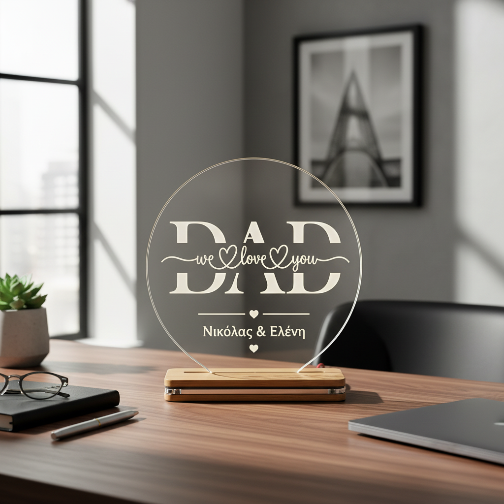 Προσωποποιημένο LED φωτιστικό DAD We Love You από διάφανο plexiglass με χάραξη laser και φωτισμό 7 χρωμάτων από τη So Cute By Dimi.