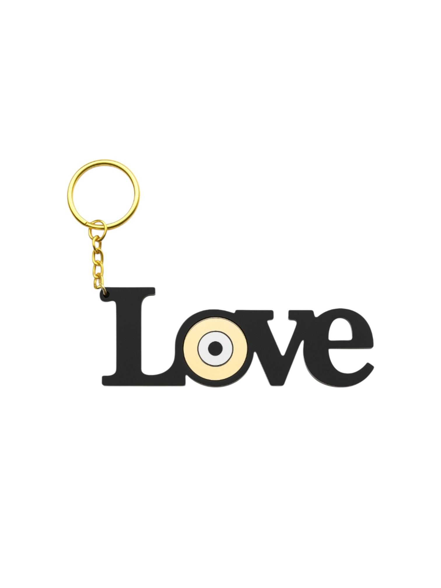 Χειροποίητο μπρελόκ LOVE από μαύρο plexiglass με μάτι σε χρυσό καθρέφτη – So Cute by Dimi
