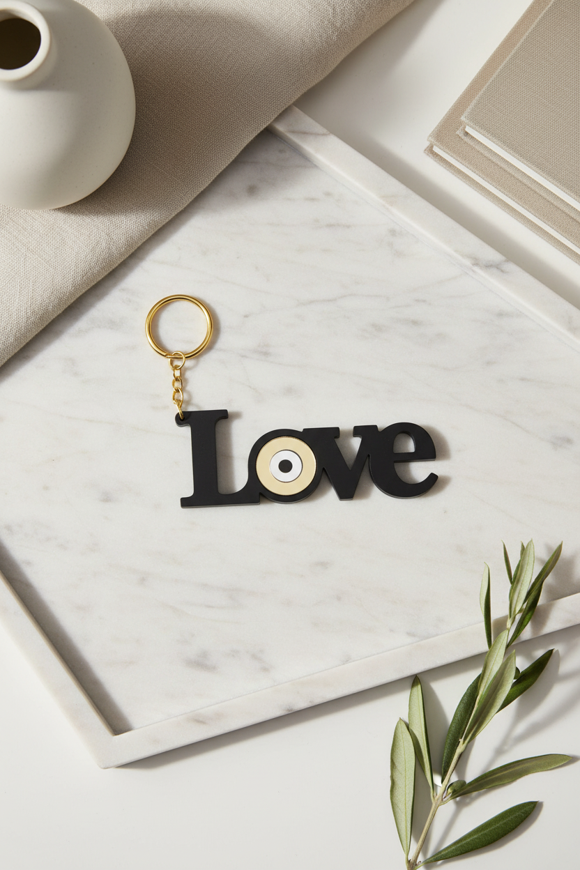 μαυρο μπρελοκ love με ματι σε μαρμαρινο δισκακι minimal σκηνικο