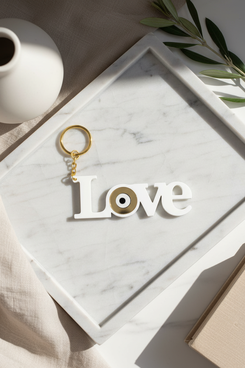 λευκο μπρελοκ love με ματι σε μαρμαρινο δισκακι luxury σκηνικο