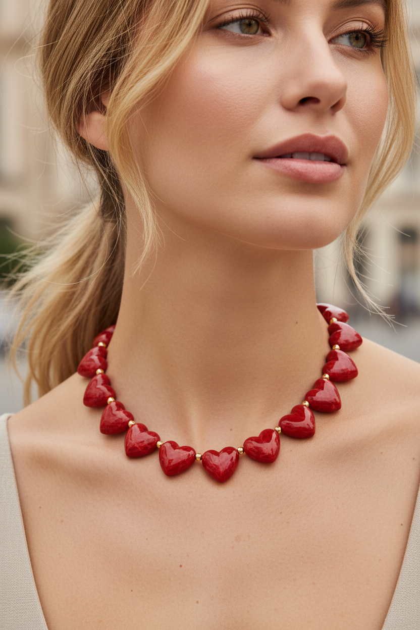 Φορεμένο Marbella Hearts Summer Necklace σε Cherry Red με καρδιές από ρητίνη και ατσάλι