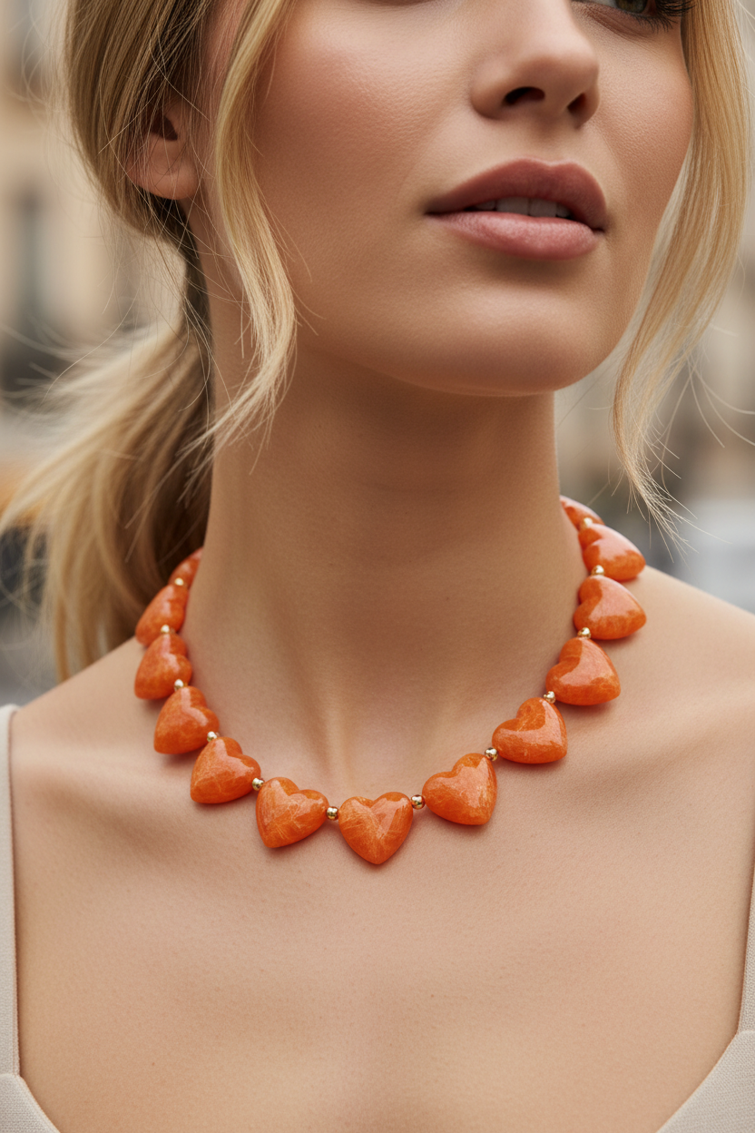 Φορεμένο Marbella Hearts Summer Necklace σε Orange Pop με καρδιές από ρητίνη και ατσάλι