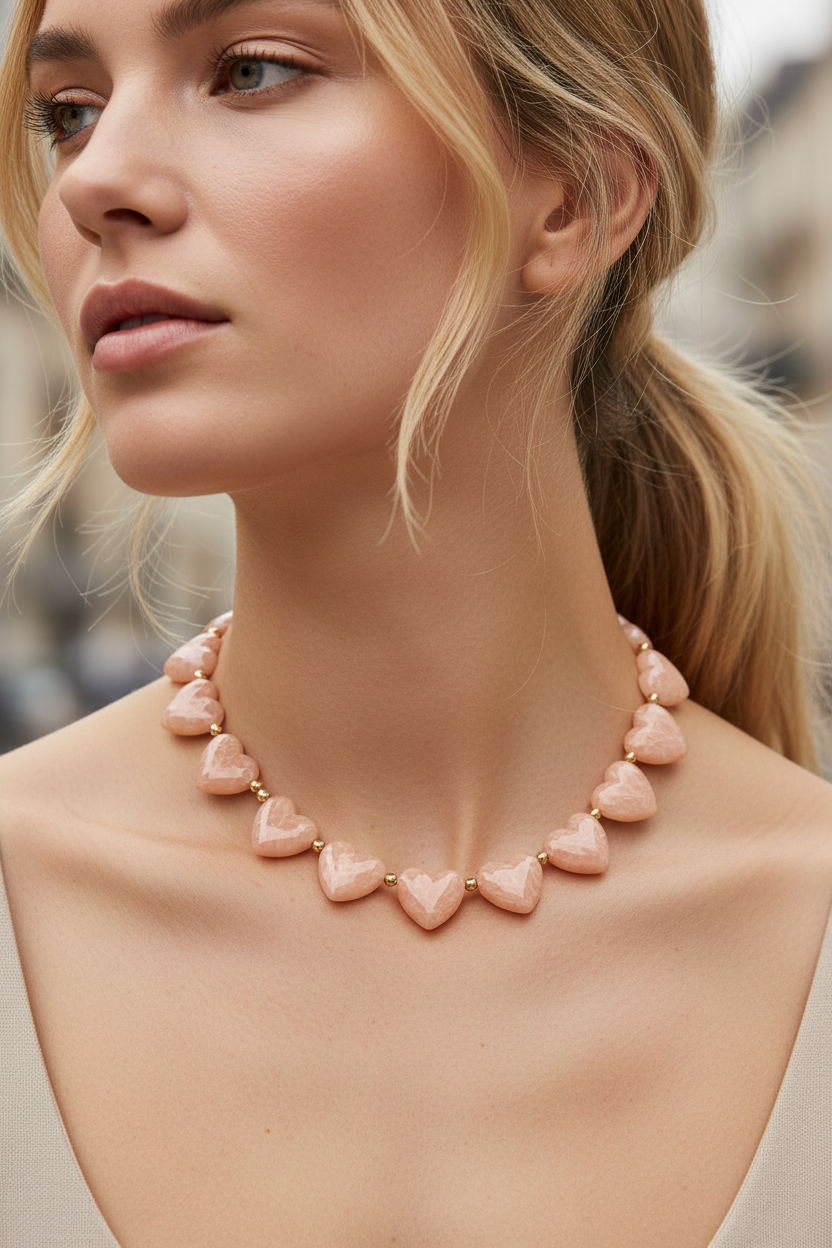 Φορεμένο Marbella Hearts Summer Necklace σε Peach Nude με καρδιές από ρητίνη και ατσάλι