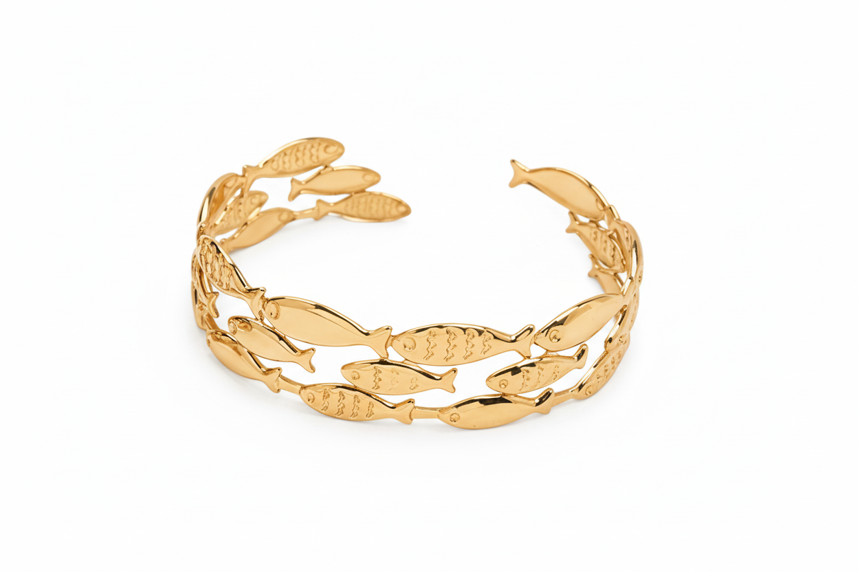 Gold stainless steel bracelet with fish designs on a white background, So Cute by Dimi