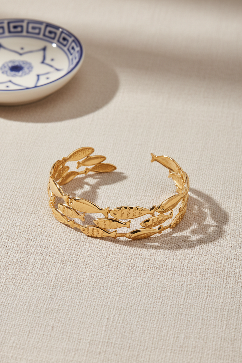 Gold stainless steel bracelet with fish designs on a white background, So Cute by Dimi
