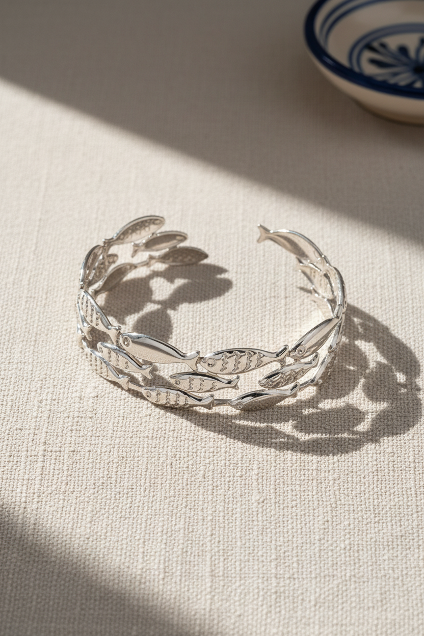 Silverstainless steel bracelet with fish designs on a summer background, So Cute by Dimi