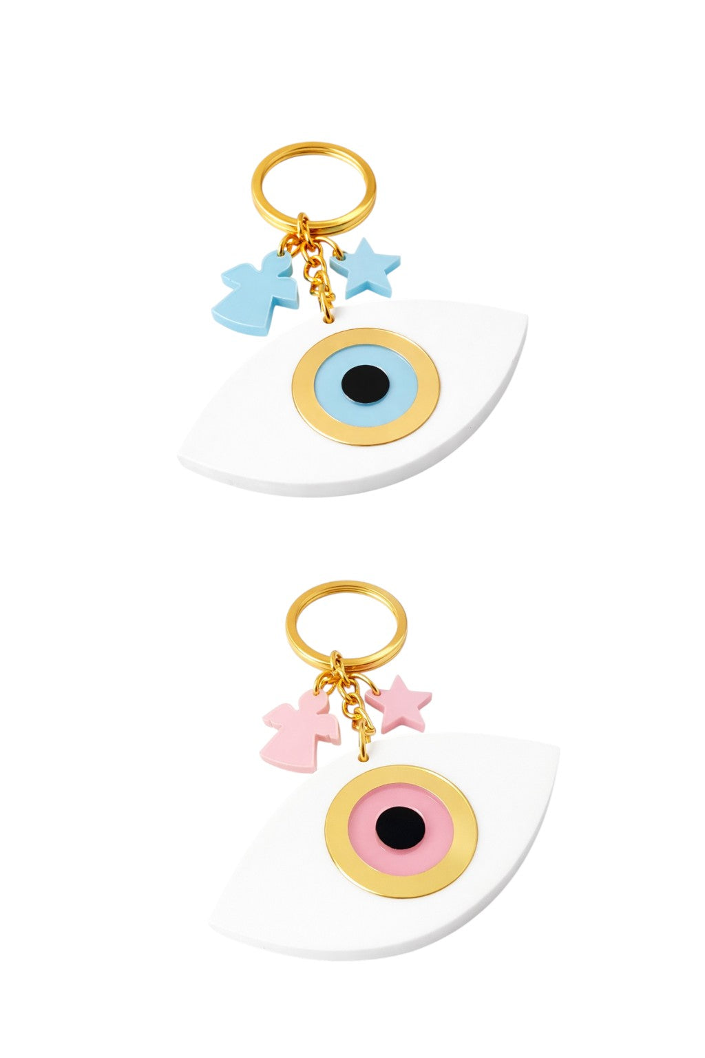 Two keychains with eye designs and colorful charms on a white background