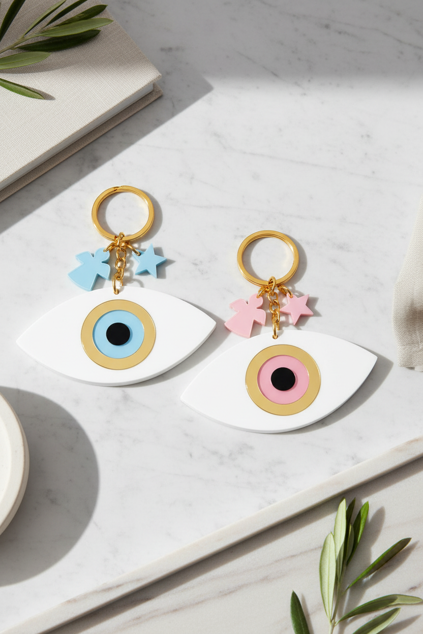 Two eye-shaped keychains with colorful accents on a marble surface.