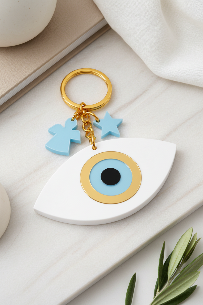 Keychain with eye design and blue stars on a light surface
