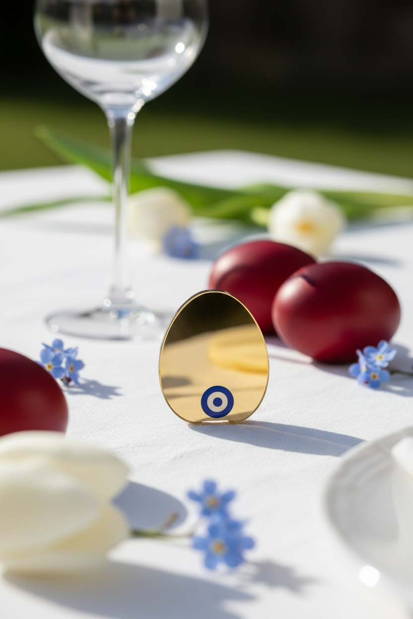 Μίνι πασχαλινό διακοσμητικό αυγό 6εκ από χρυσό καθρέφτη πλεξιγκλάς με μπλε μάτι