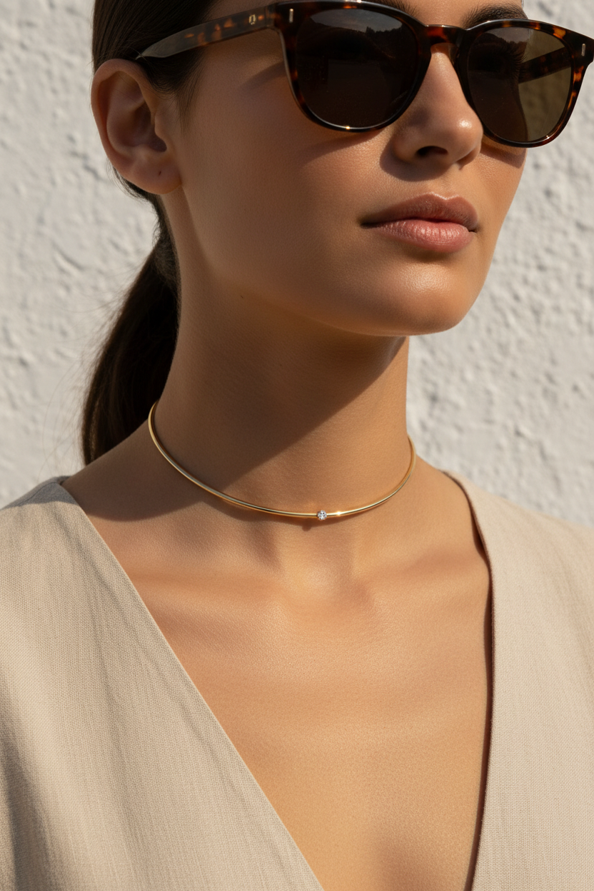 minimal choker κολιέ stainless steel με ζιργκόν φορεμένο σε μοντέλο elegant jewelry