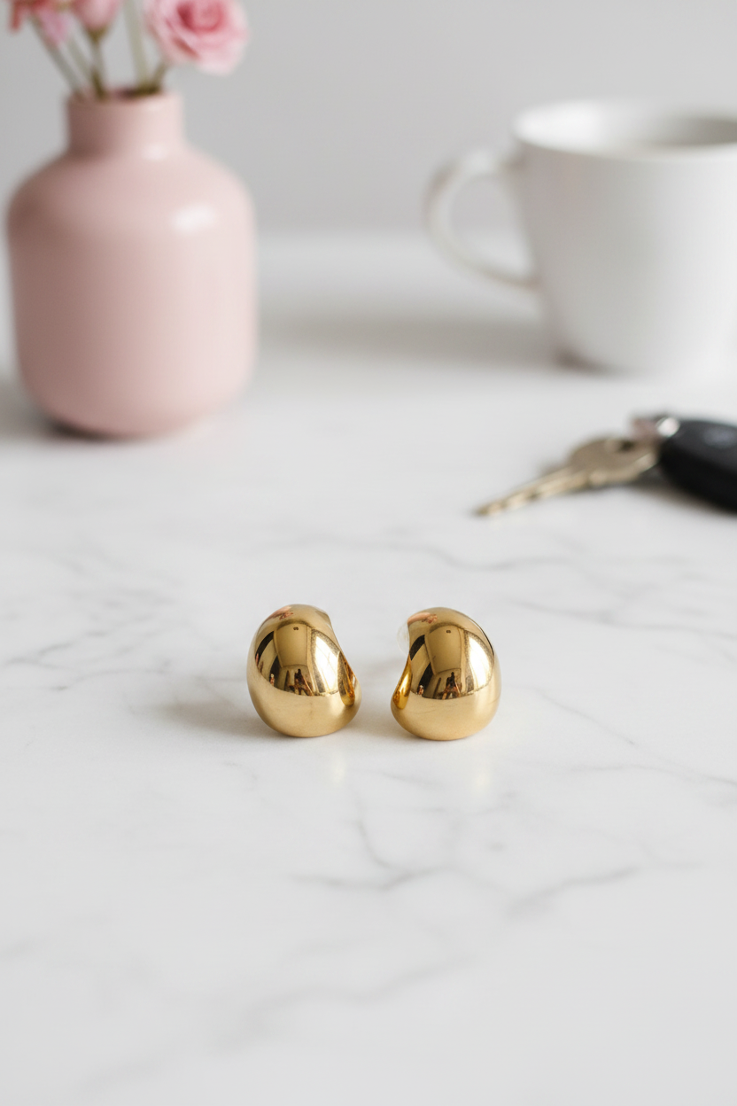 Mirelle Dome Earrings χρυσά ατσάλινα σκουλαρίκια ear nail σε marble τραπέζι με καφέ minimal luxury So Cute by Dimi