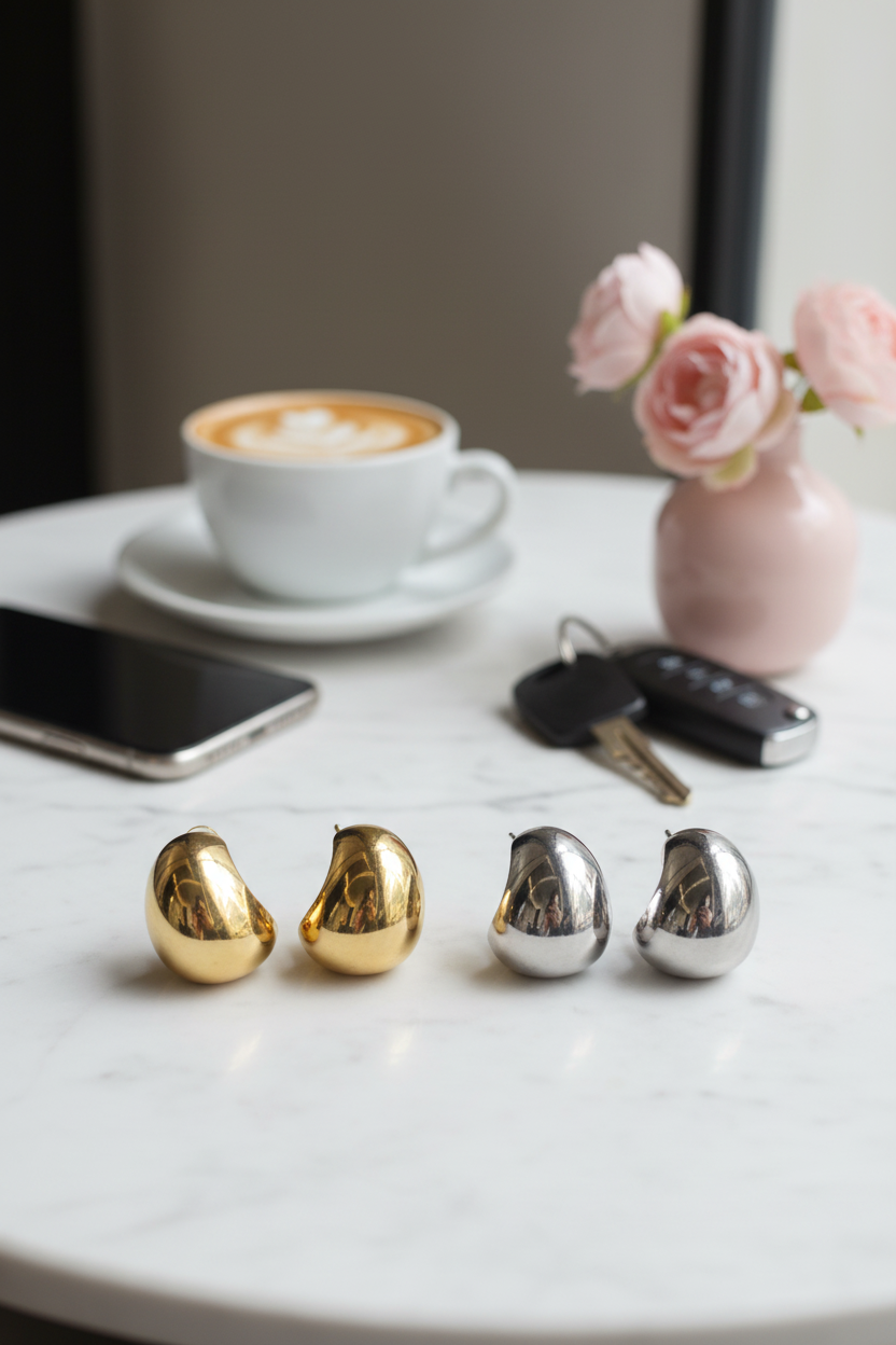 Mirelle Dome Earrings χρυσά και ασημί ατσάλινα σκουλαρίκια σε marble τραπέζι με καφέ και λουλούδια luxury αισθητική So Cute by Dimi