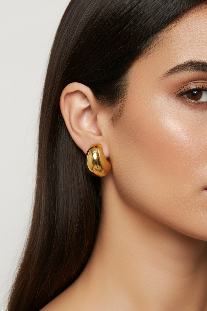 Mirelle Dome Earrings ατσάλινα σκουλαρίκια ear nail σε χρυσό φορεμένα κοντινό στο αυτί minimal design So Cute by Dimi