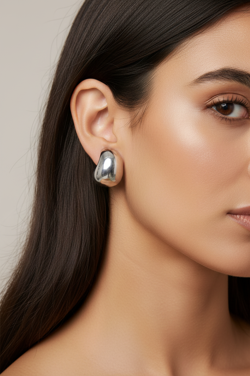 Mirelle Dome Earrings χρυσά ατσάλινα σκουλαρίκια ear nail φορεμένα σε μοντέλο minimal bold αισθητική So Cute by Dimi