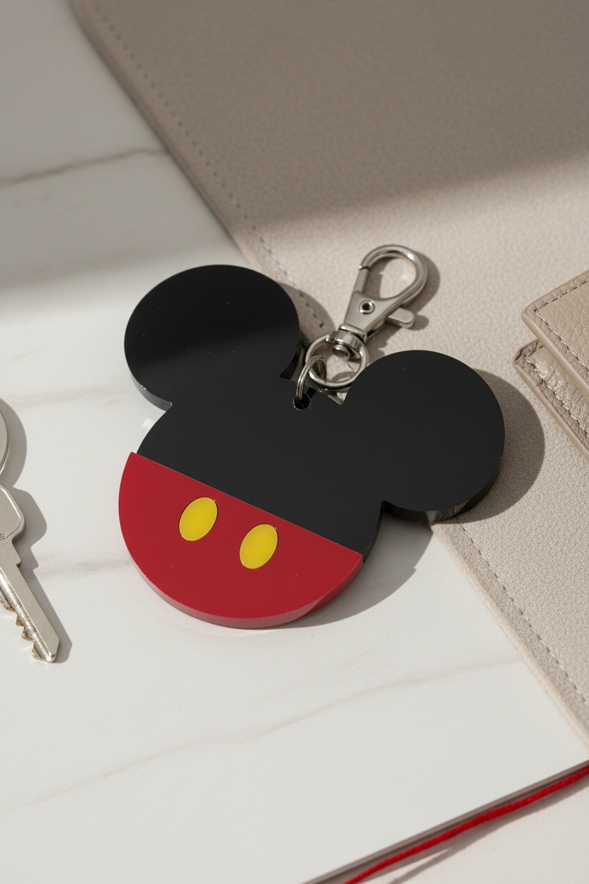 Mickey Mouse keychain on a surface with keys and a wallet in the background