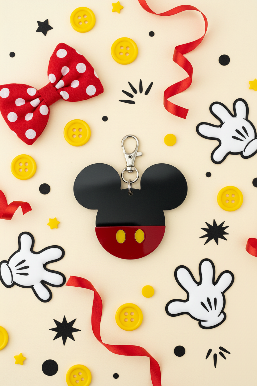 Mickey Mouse themed keychain on a colorful background with bows, buttons, and stars.