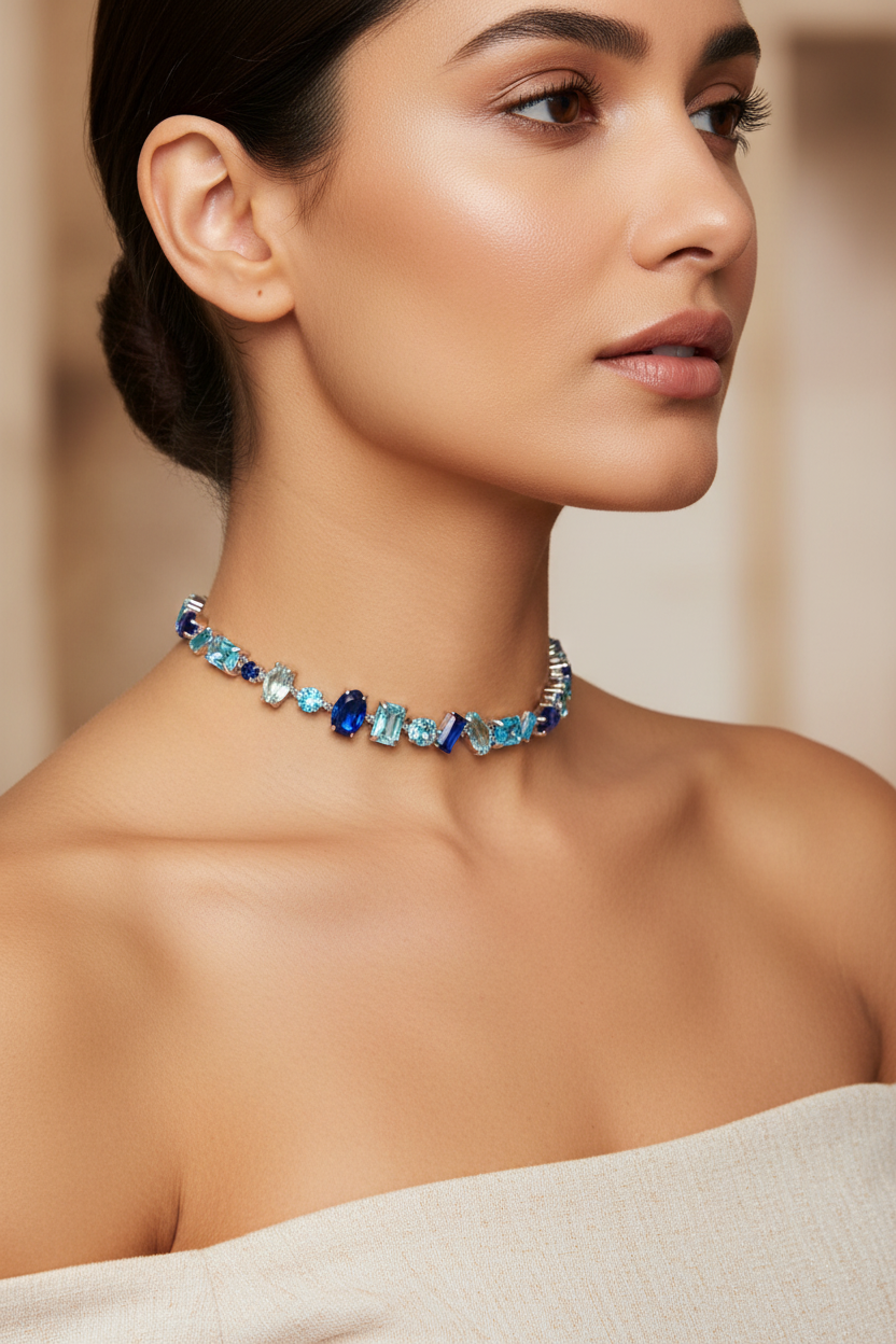 Ατσάλινο choker με κρύσταλλα velmira color choker statement necklace colorful φορεμένο σε μοντέλο, So Cute by DImi